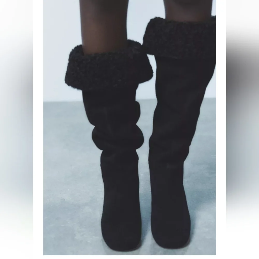 Zara Heeled Leather Suede Knee High Boots Fleece Lining Sz 9/40